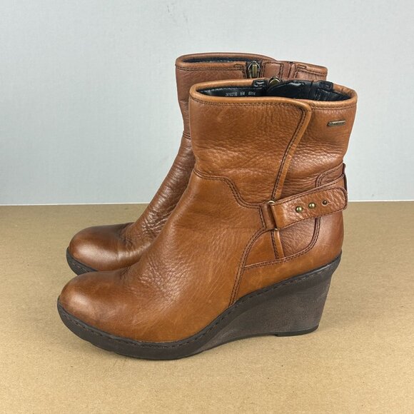 Clarks Natira Kit Gore-Tex Leather Wedge Boots Womens 8.5 Brown Side Zip Artisan - Picture 1 of 11